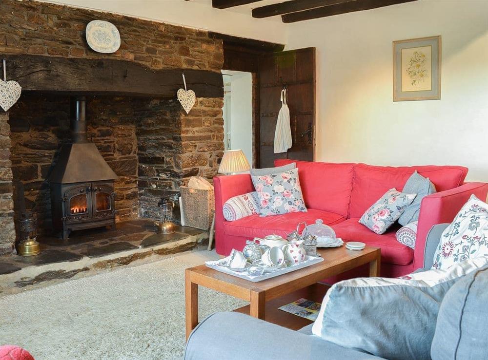 Comfortable living room with feature fireplace home to a wood burning sotve at West Hurscott Cottage in Hurscott, near Barnstaple, Devon