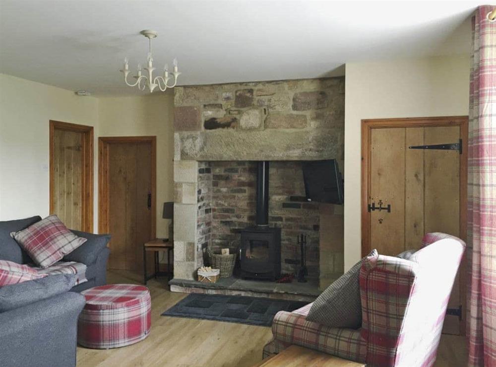 Feature fireplace and wood burner in living area at West View Cottage in Seahouses, Northumberland