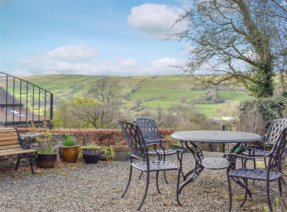 Sitting out area with glorious views at Westburn Cottage in Newbiggin-in-Bishopdale, near Leyburn, Yorkshire, North Yorkshire