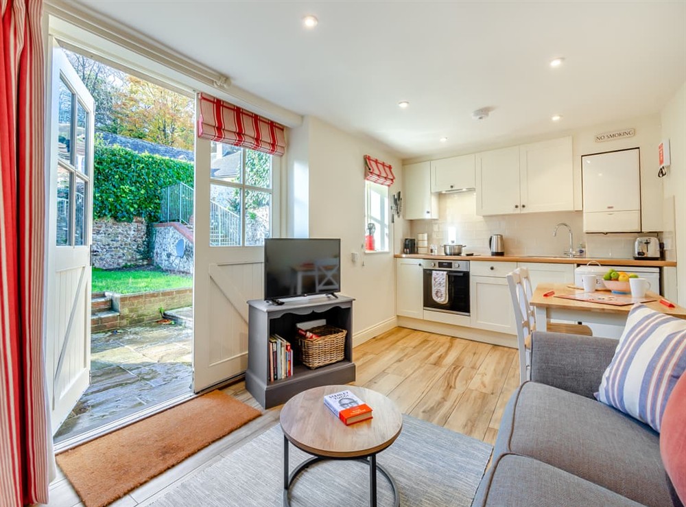 Open plan living space at White Cottage in East Dean, East Sussex