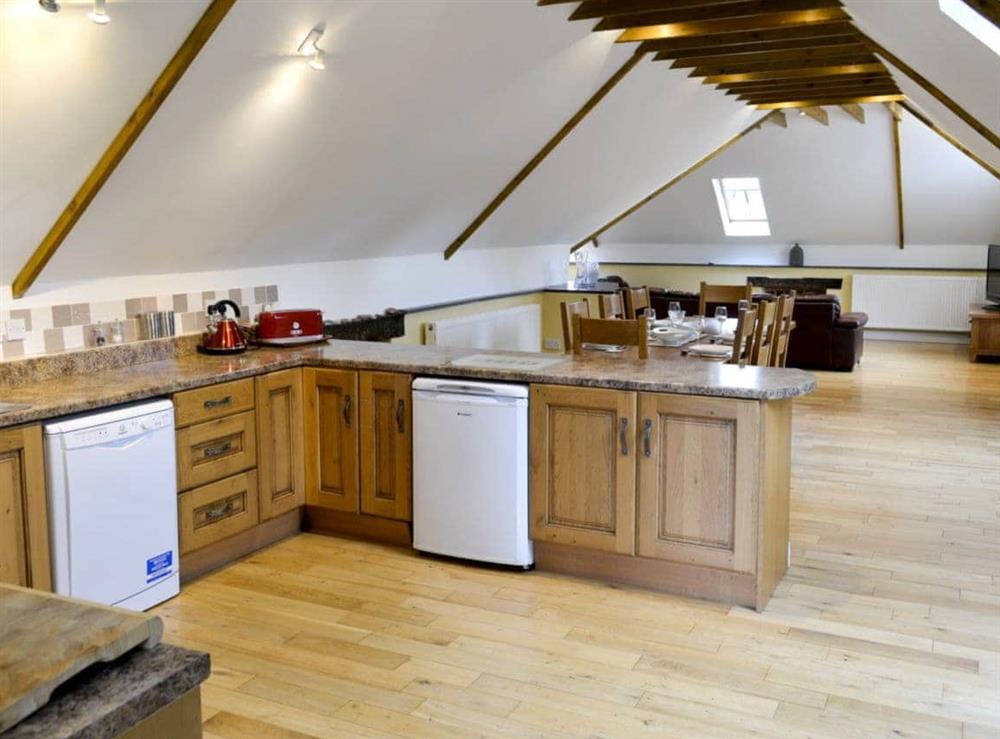 Kitchen area at White Dove Barn in Wembury, Devon
