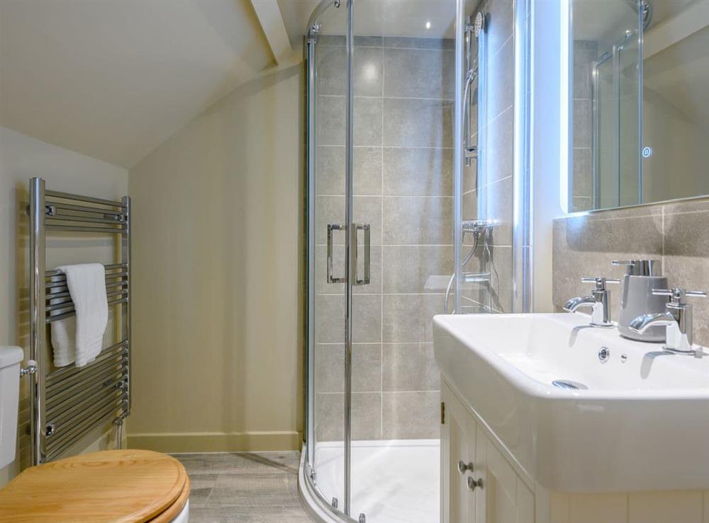 Shower room with heated towel rail at Heveningham Farmhouse, 