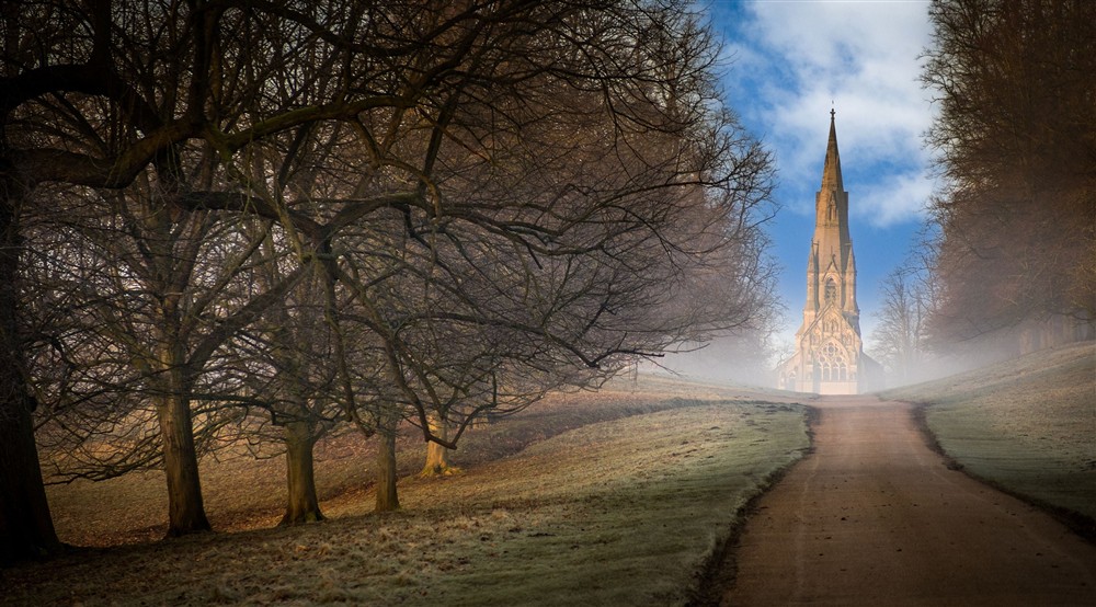 A winter view of St. Marys Church in Studley Royal Deer Park, near Whitefields Cottage, Yorkshire at Whitefields Cottage in Ripon, North Yorkshire