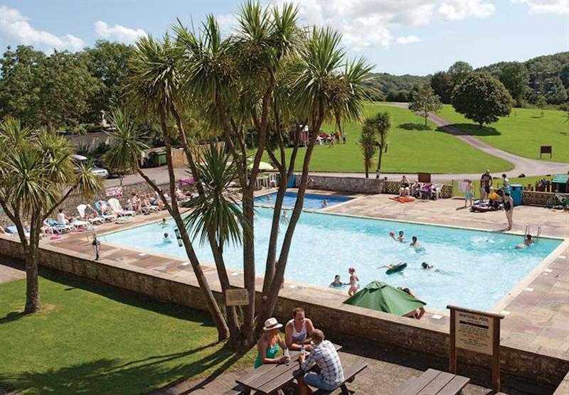 Outdoor heated swimming pool at Whitehill Country Park in Devon, South West of England