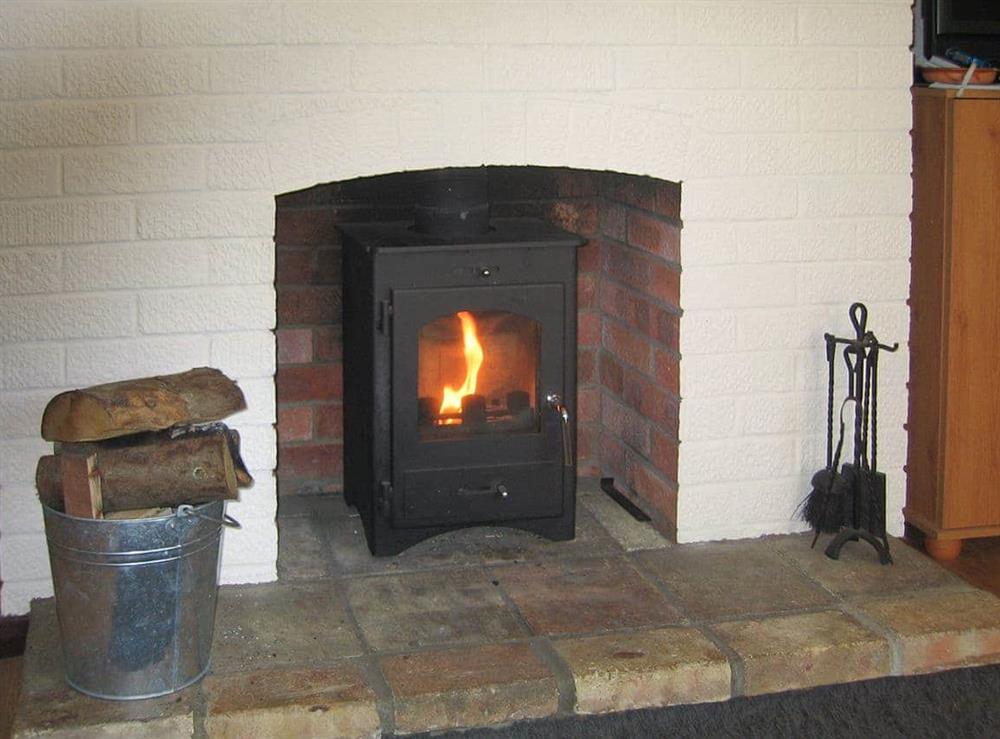 Warming wood burner within living room at Wallages Cottage, 