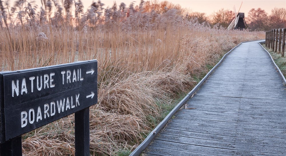 Nature trail sign by the boardwalk with windpump in background at Wicken Rose Cottage in Ely, Cambridgeshire