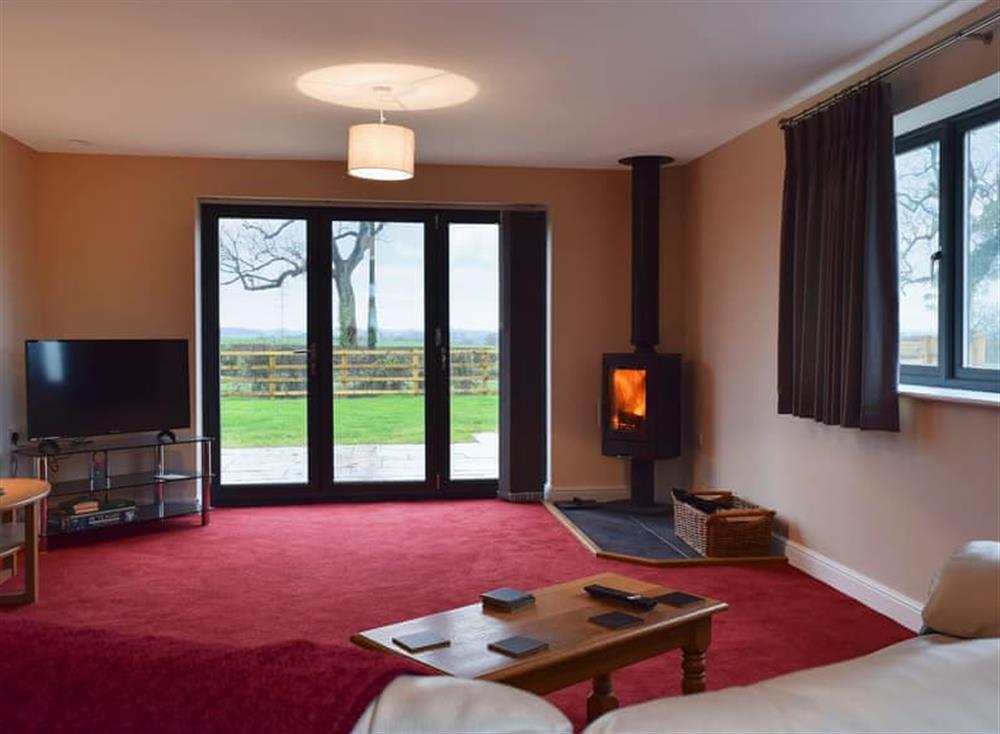 Spacious living room with wood burner at Cornfield View, 