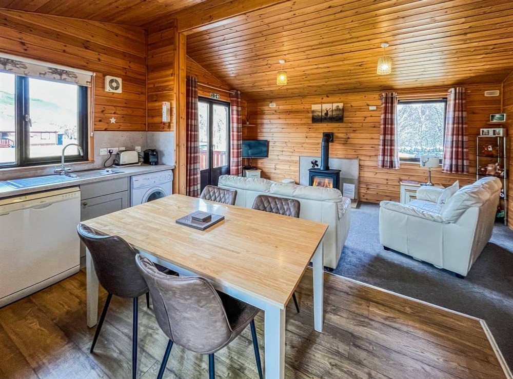 Open plan living space at Wildcat Lodge in Glendrum, Newtonmore, Inverness-Shire