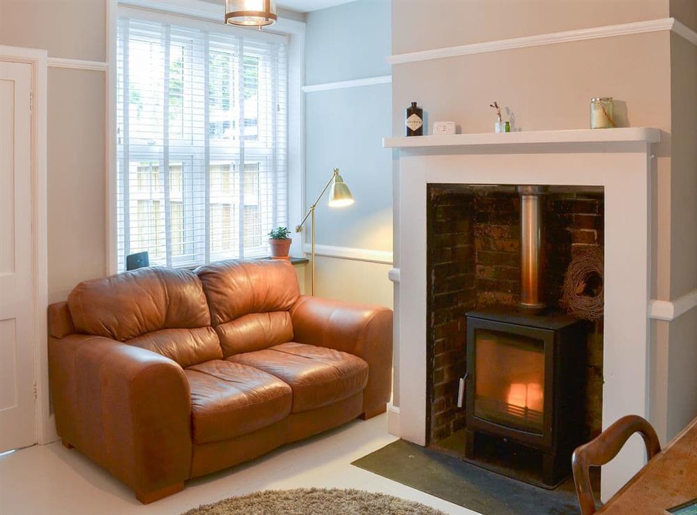Cosy living room with feature fireplace at Willapark View in Boscastle, Cornwall