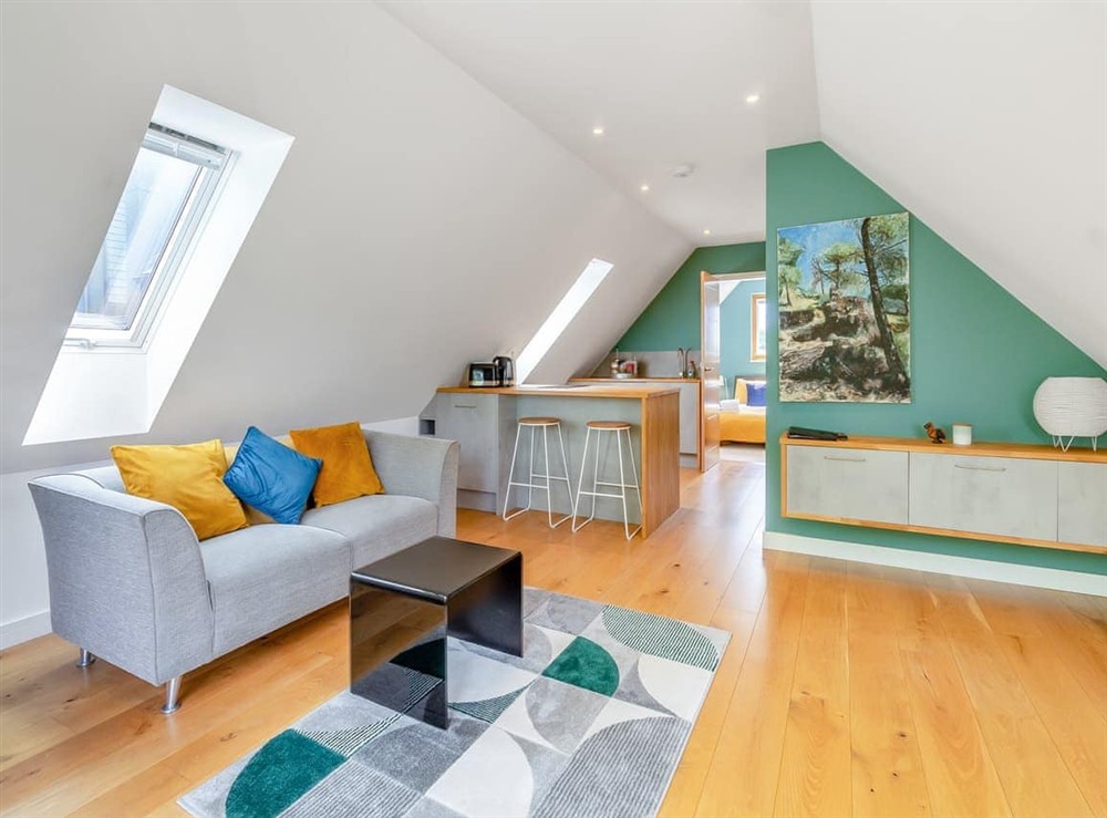 Open plan living space at Willow Loft in Bulmer, near Sudbury, Essex