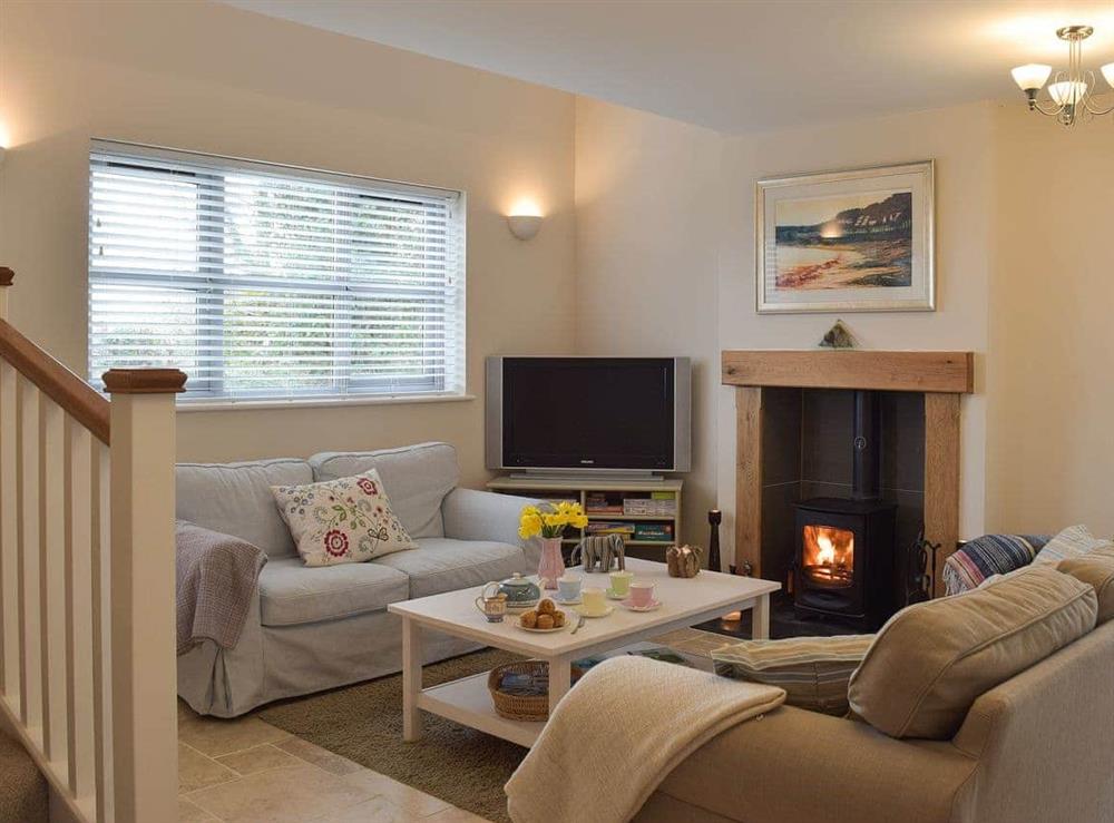 Cosy living room with wood burner at Windsmoor Cottage on Gower in Perriswood, near Oxwich, Glamorgan, West Glamorgan