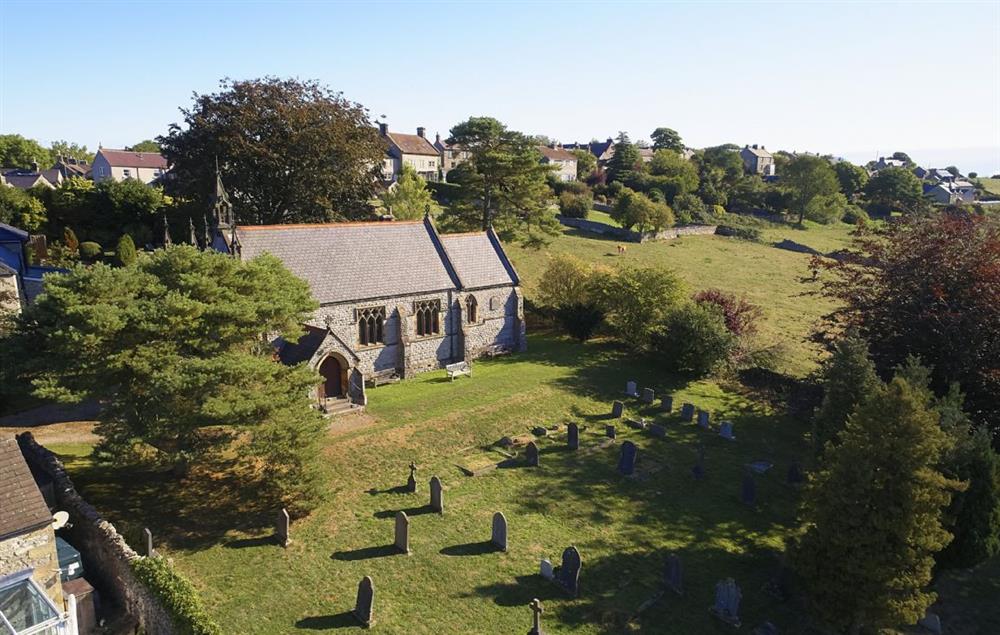 Aerial view of St Anne’s Church, Over Haddon, a grade II listed parish church at Winsmore Cottage, Over Haddon
