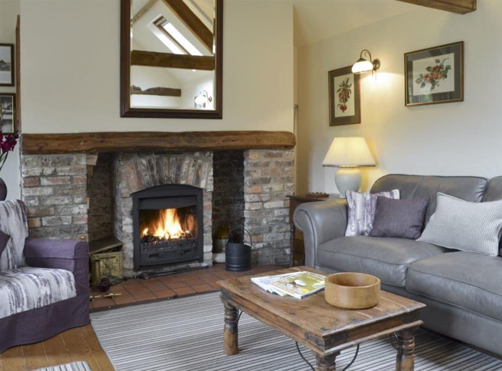 Stylish living room with wood-burner at Wisteria Cottage, 