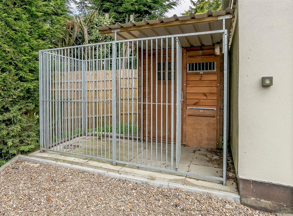 Outside heated dog kennel at Wits End Cottage in Roughton, near Woodhall Spa, Lincolnshire