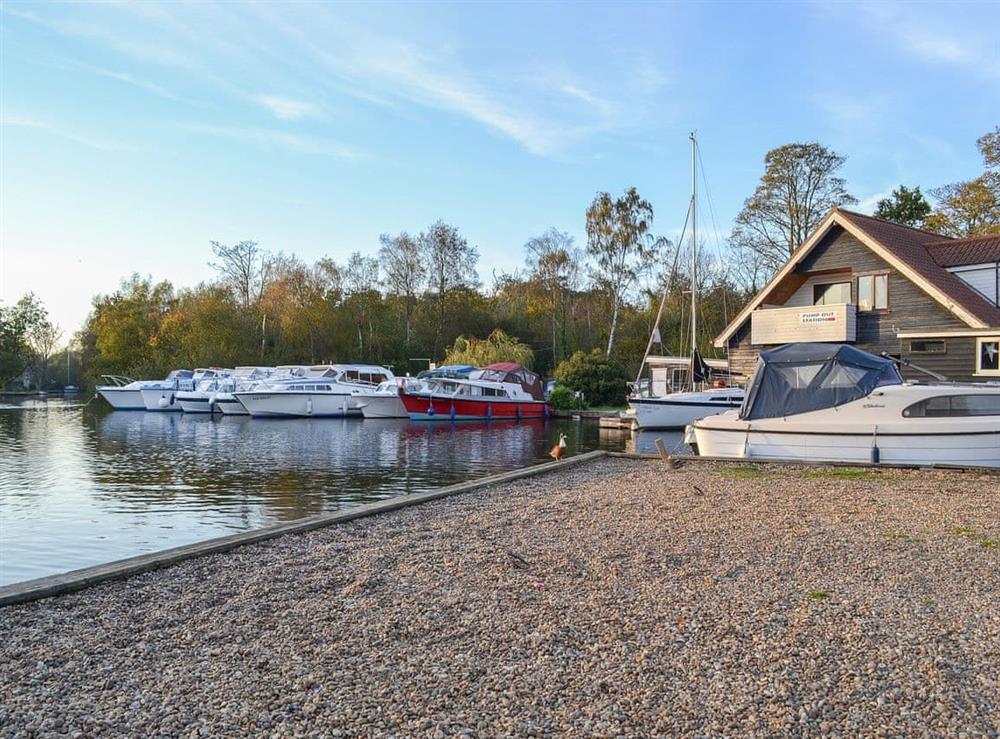 The moorings at Womack Staithe on The Broads, a short stroll away at Woodbine Cottage in Ludham, Norfolk