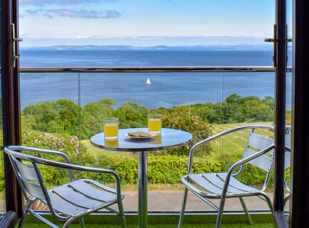 Balcony with wonderful sea views at Woodlea Cottage 1 in Dippen, near Whiting Bay, Isle of Arran, Scotland