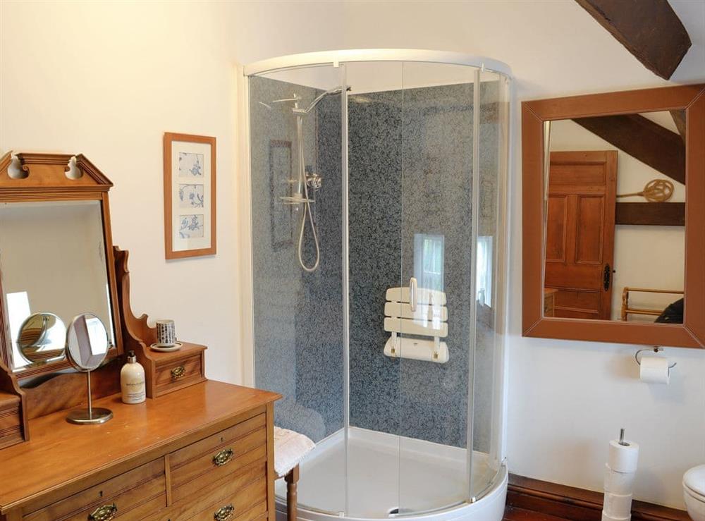 shower room with power shower and dressing table at Woodpecker Cottage in Wigton, Cumbria