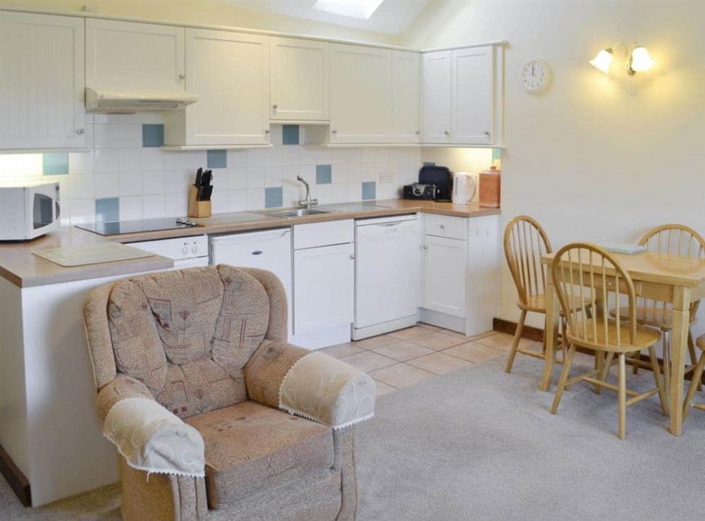 Fully-equipped fitted kitchen with convenient dining area at Woodpecker in Shipton Gorge, Dorset