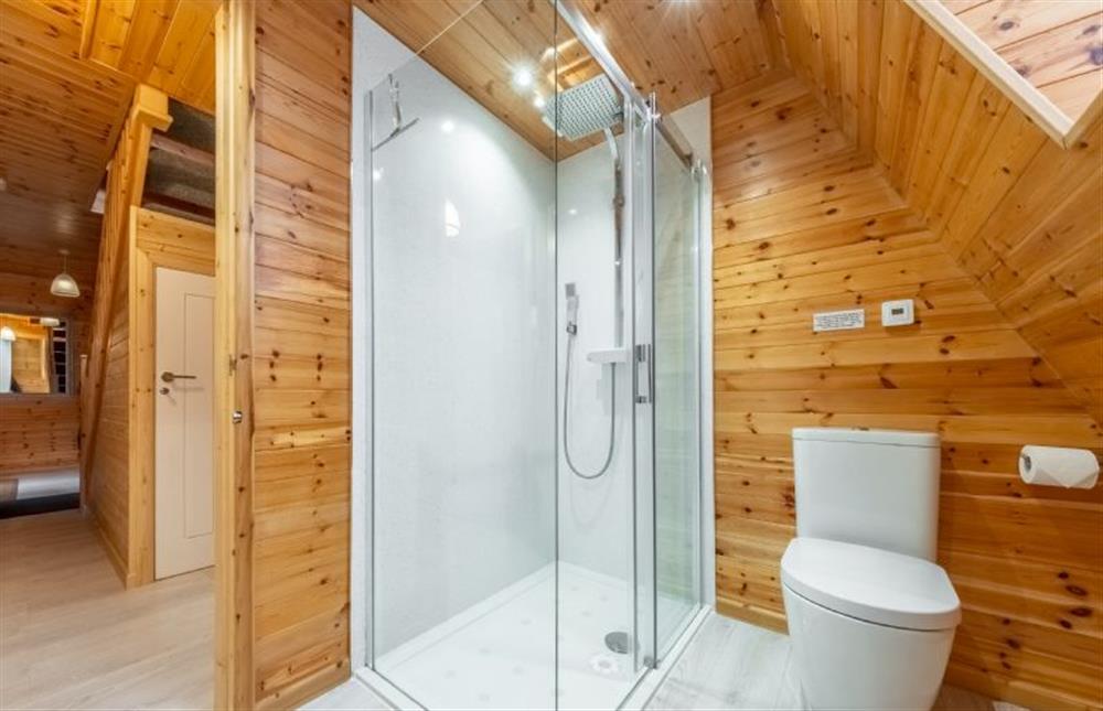 Shower room with washbasin, WC and heated towel rail at Woodpecker, Weybourne near Holt
