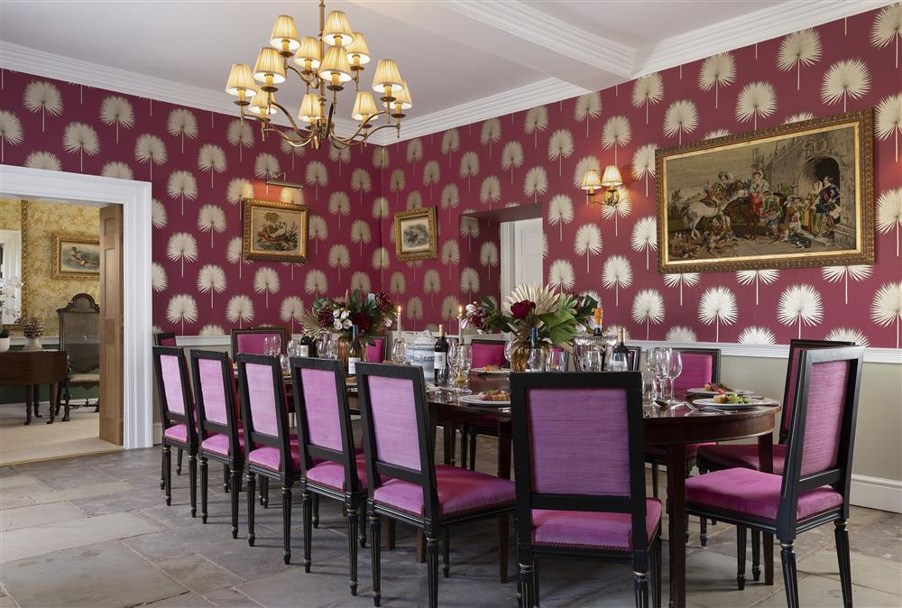 The dining room with table seating up to 25 guests at Wormsley Grange, Hereford