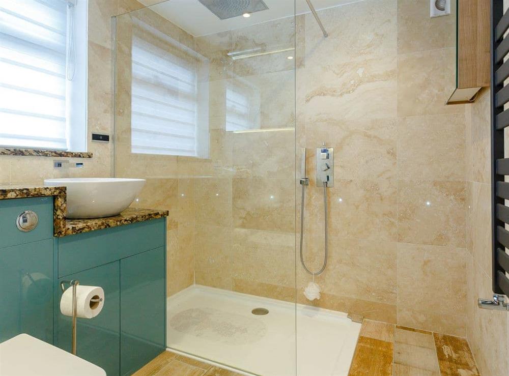Shower room with walk-in shower cubicle at Wrens Perch in Brixham, Devon