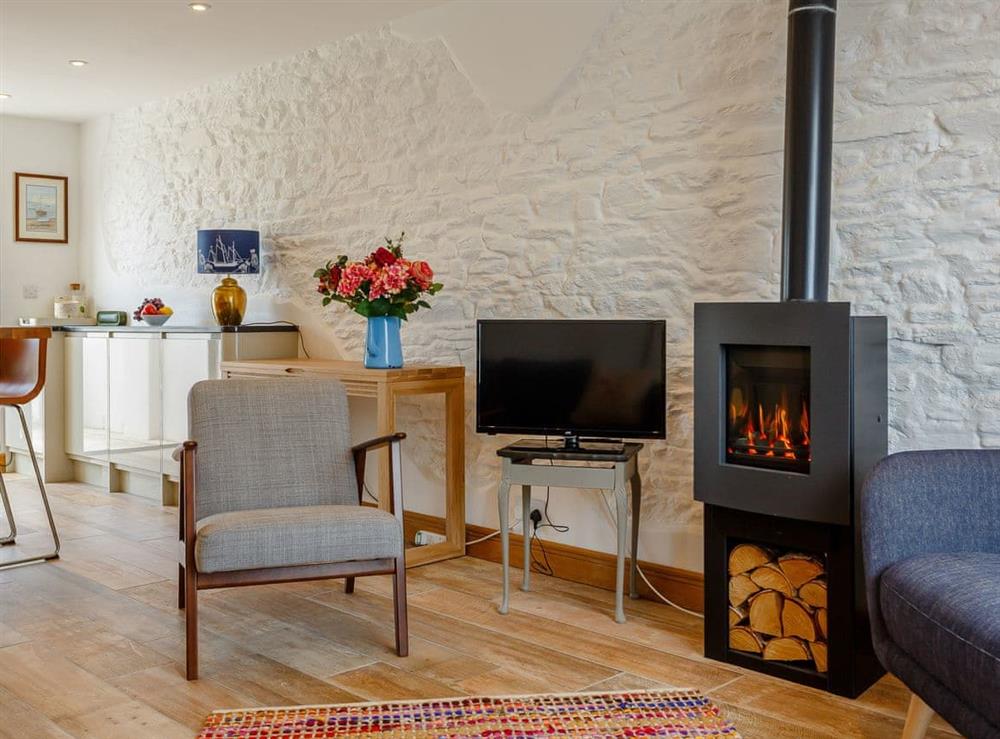 Warming wood burner within the living area at Wrens Perch in Brixham, Devon