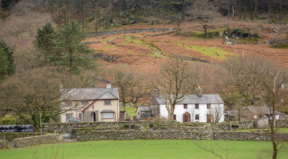 A view of Y Wenallt, on the first floor of the cottage on the left, and neighbouring holiday cottage, Hen Dy on the right, North Wales at Y Wenallt in Beddgelert, North Wales