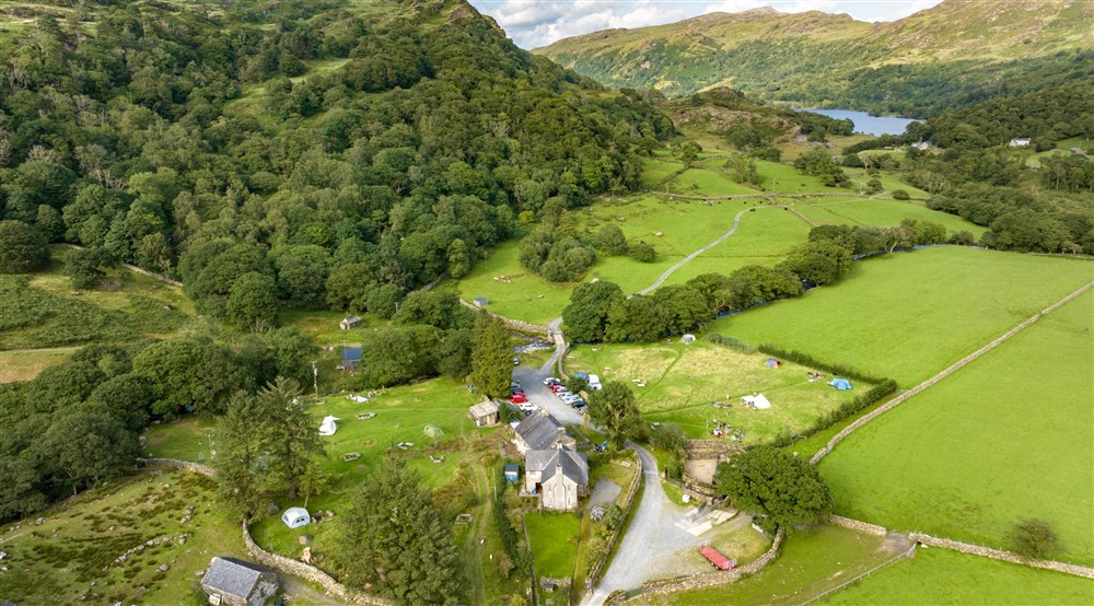 An aerial view of Hafod y Llan Campsite, Gwynedd at Y Wenallt in Beddgelert, North Wales
