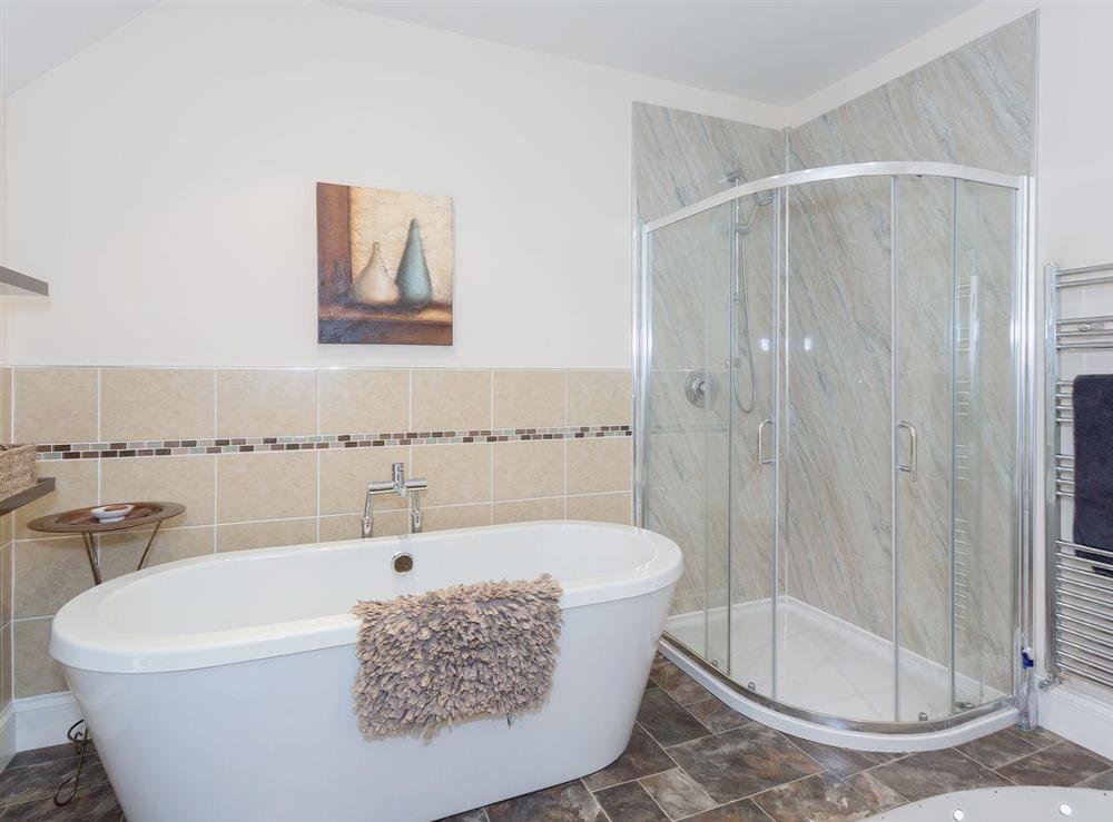 Bathroom with double shower and standalone bath at Yokefleet Cottage in Sandholme, near Beverley, North Humberside