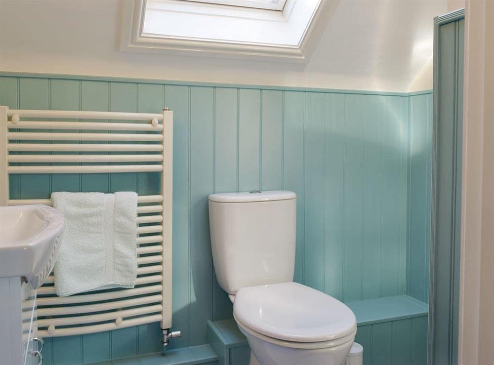 Shower room with heated towel rail at Yr Efail Argoed in Llanddowror, near Laugharne, Dyfed